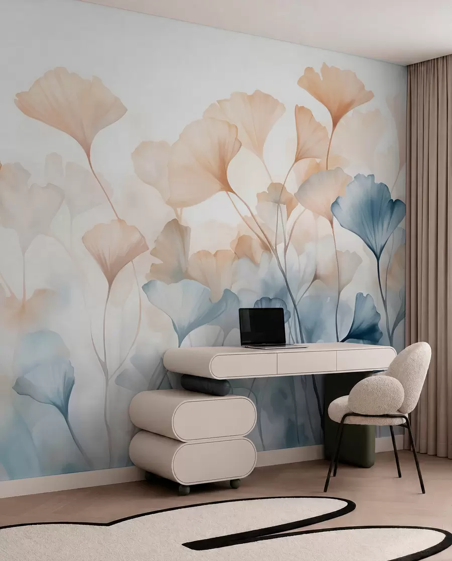 Fototapetai Mėlynos ir oranžinės spalvos akvarelės ginkmedžio lapai, permatomi žiedlapiai, subtilūs stiebai, švelni spalvų paletė w08917