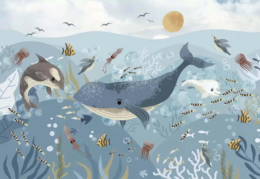 Fototapetai Vaikiška iliustracija su mėlynu banginiu, apsuptu žuvų, kalmarų, medūzų mėlyname vandenyne su burbuliukais w08921