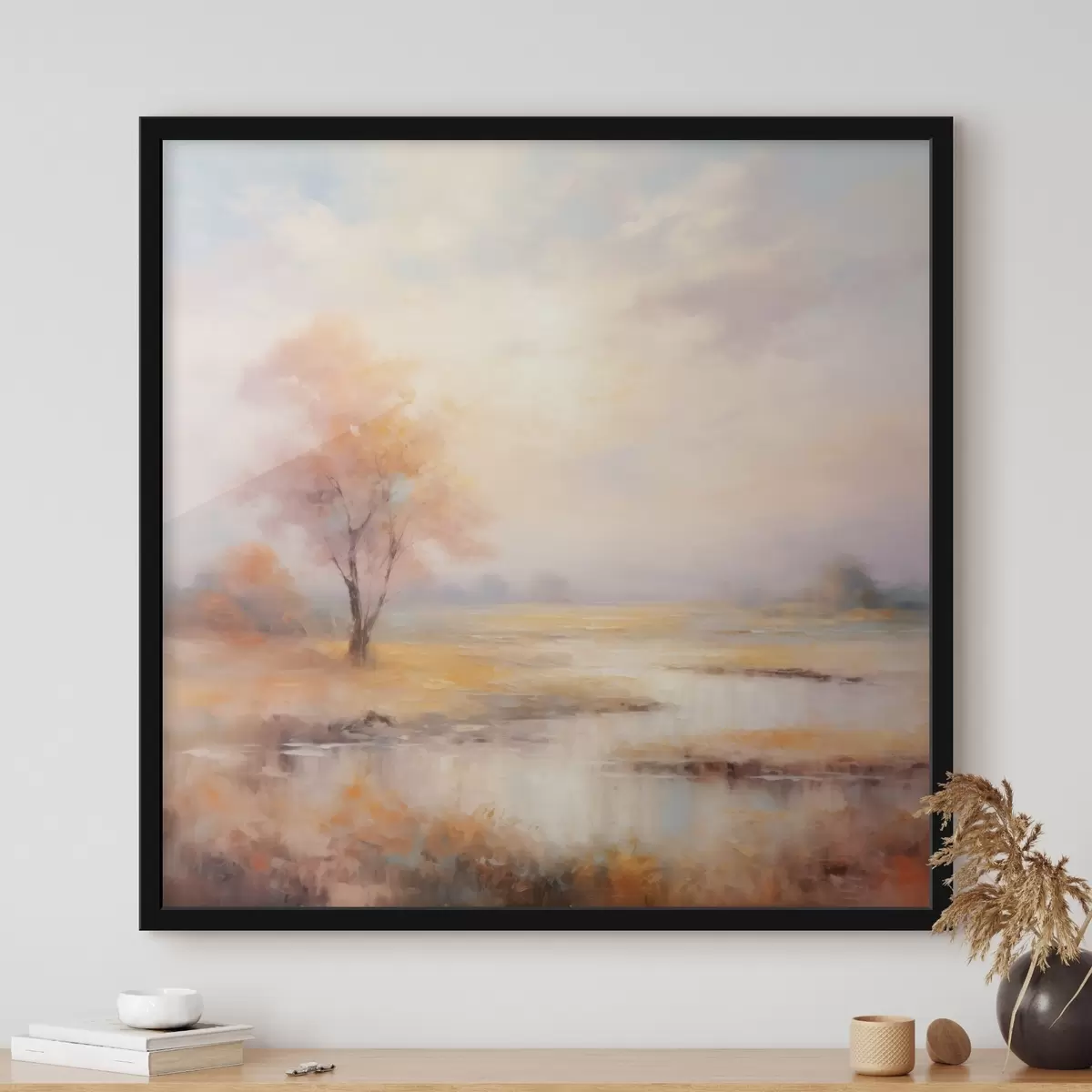 Plakatas Šiltų atspalvių peizažas su upe ir medžiu f43375