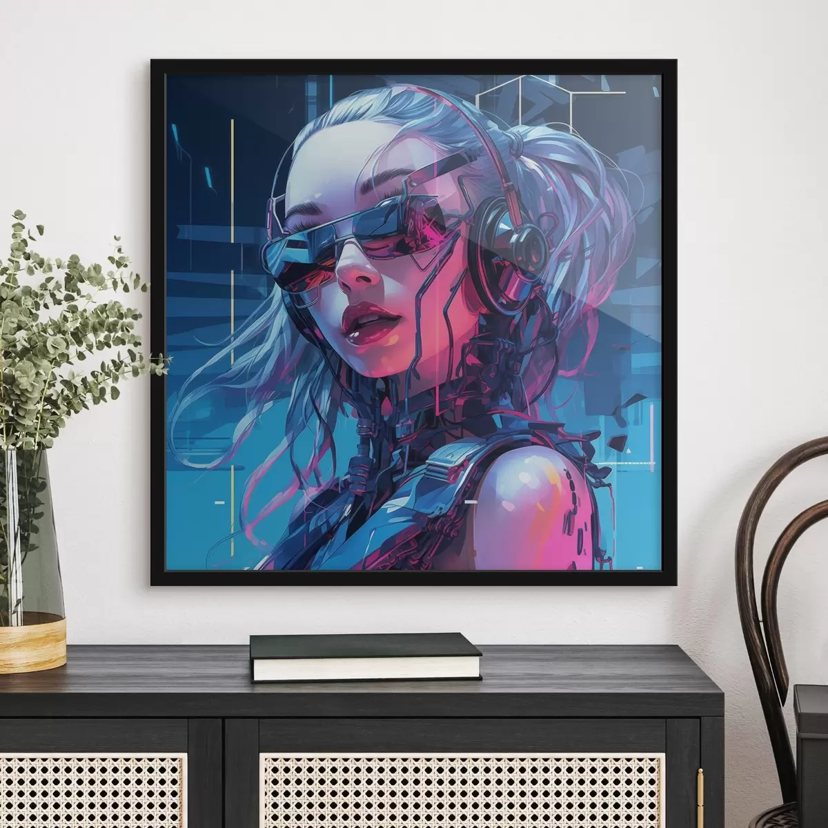 Plakatas Futuristinė mergina su akiniais ir neoninių spalvų efektu f43381