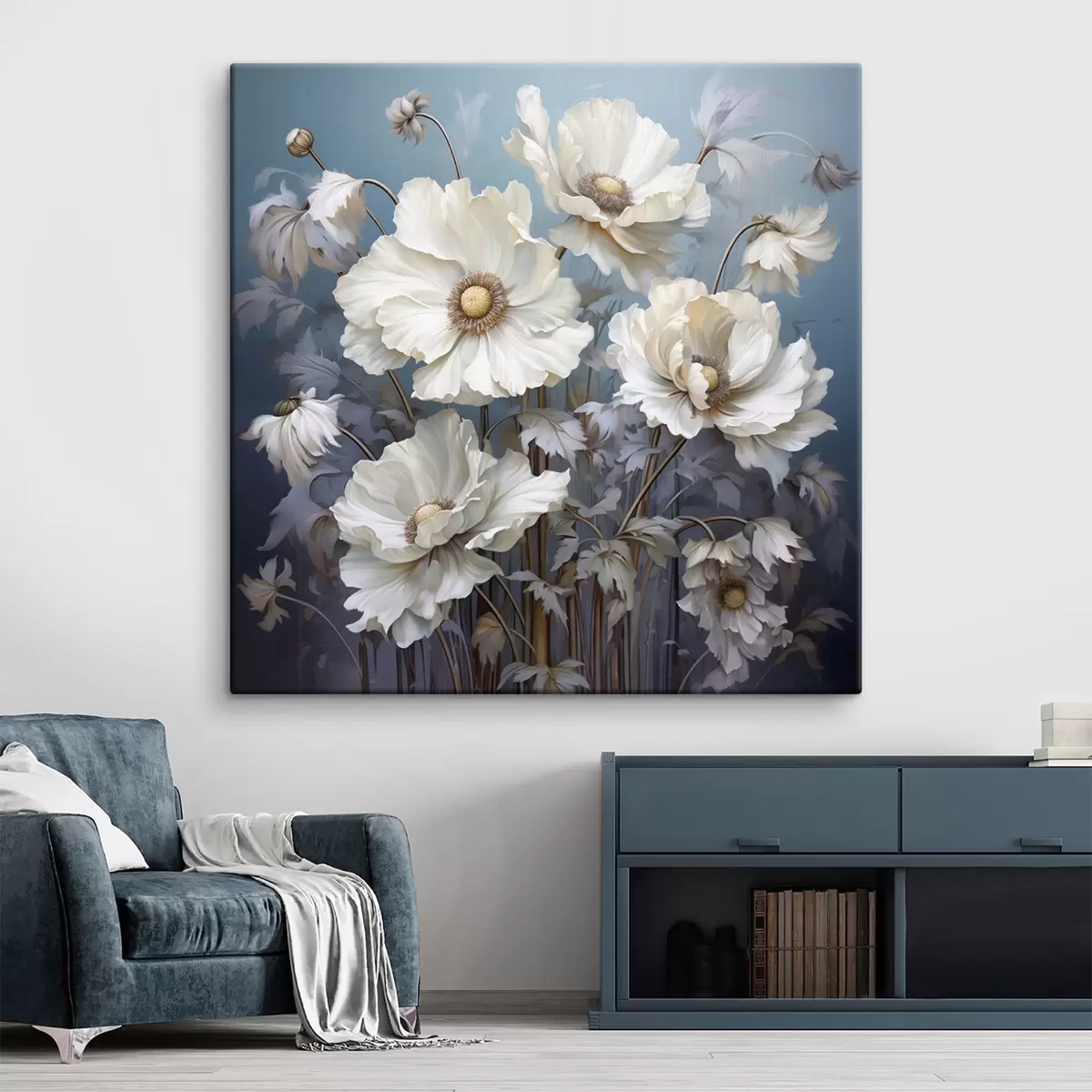 Paveikslėlis Balta bijūnų puokštė mėlyname fone tapybos stiliumi s43370