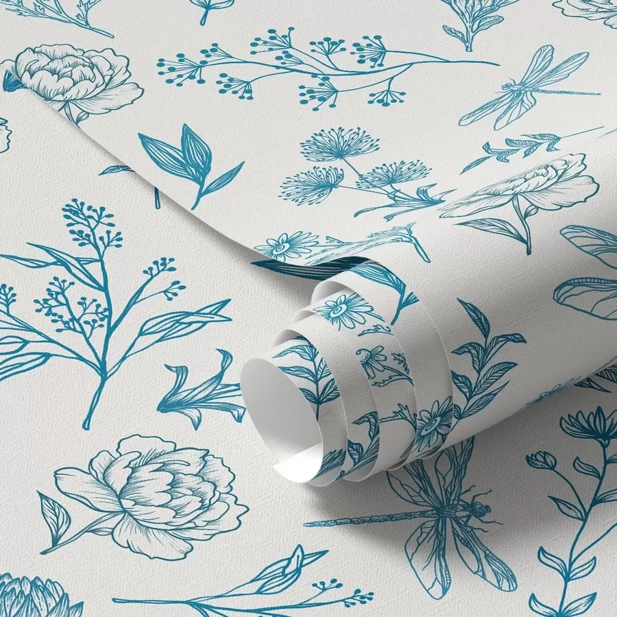 Fototapetai Mėlynos gėlės, lapai ir drakoniukai baltame fone a00025 - Uwalls.lt Fototapetai Mėlynos gėlės, lapai ir drakoniukai baltame fone a00025