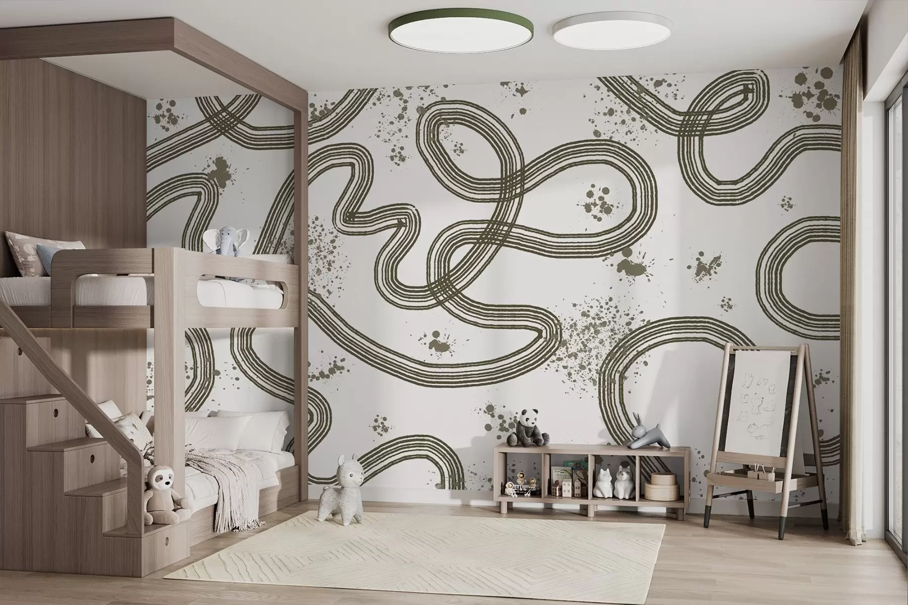 Fototapetai Linijinis piešinys, dažų purslai, minimalizmas, alyvuogių spalva w03408