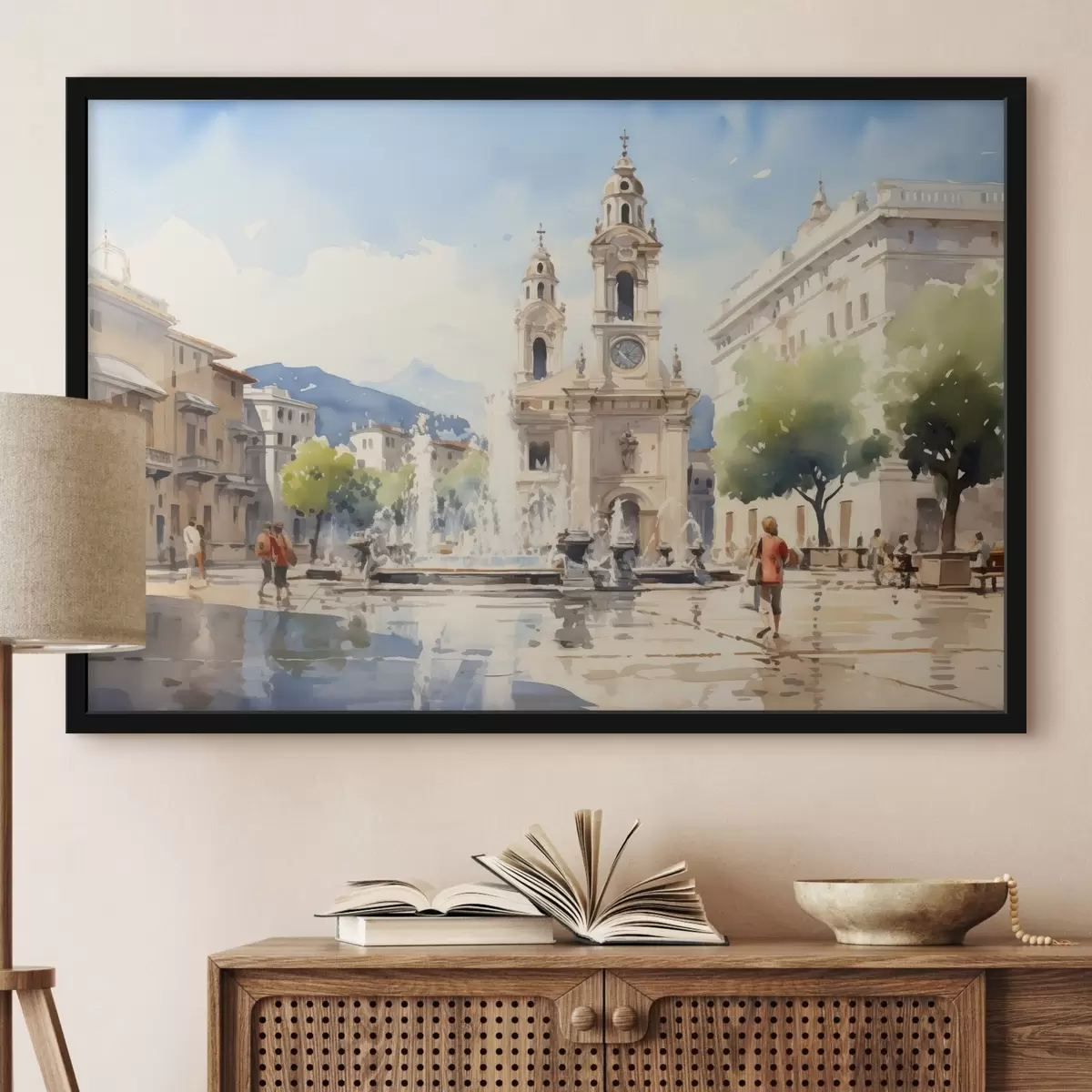 Plakatas Abstraktus miesto peizažas su bokštu ir fontanu miesto aikštėje, kalnai tolumoje, akvarelės stilius  f43397