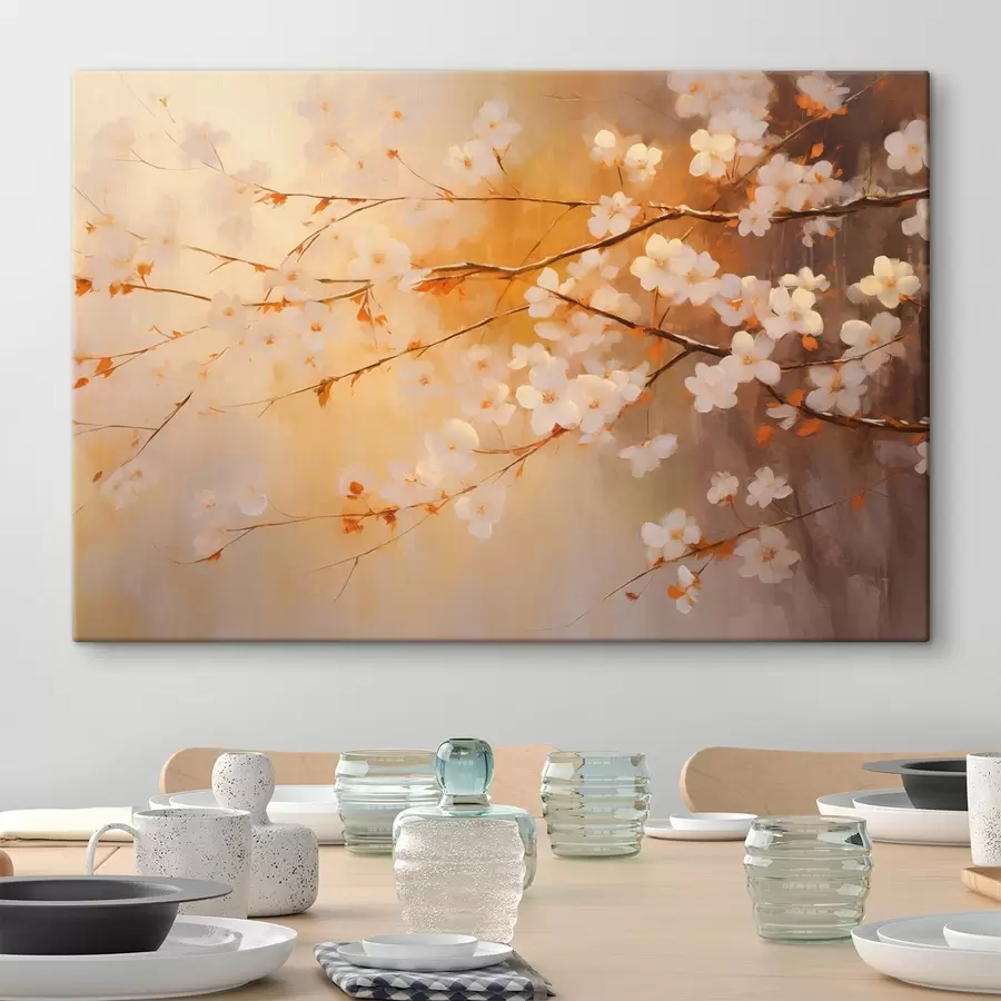 Paveikslėlis Vyšnių žiedų šakos su oranžiniais žiedais, šiltų spalvų paletė, neryškiame geltonų atspalvių fone s43407