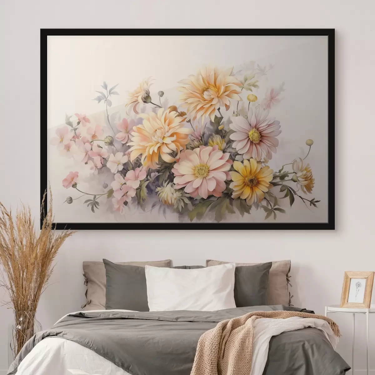 Plakatas Rožinių, geltonų ir oranžinių gėlių kolekcija, lengvas fonas, švelnios spalvos, vintažinis stilius, botaninė iliustracija f43401