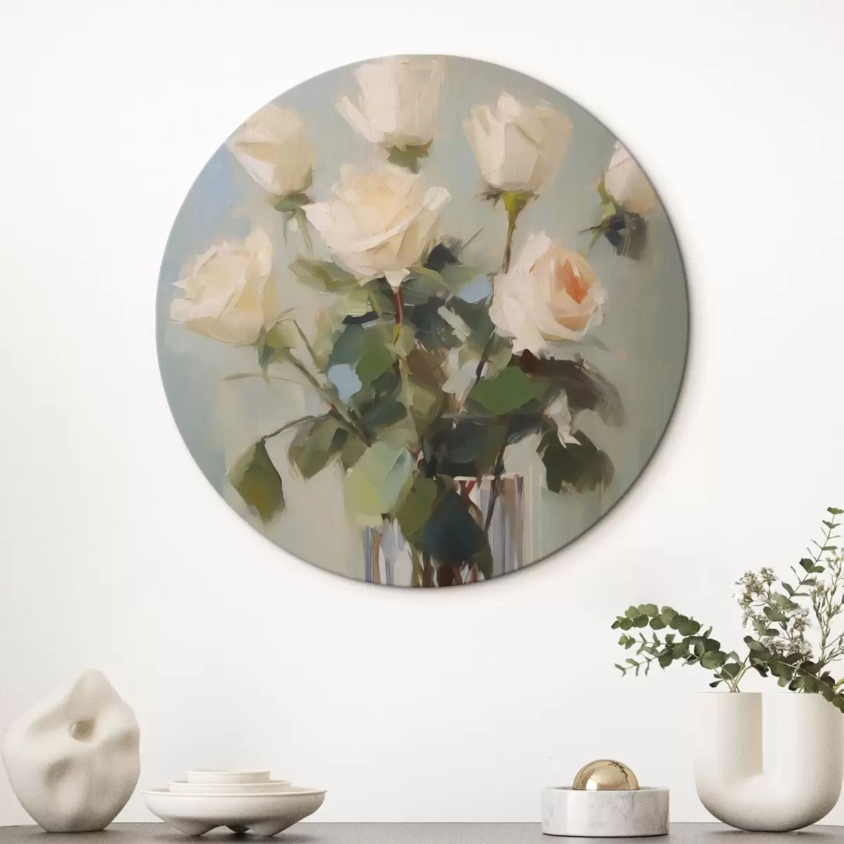 Apvalūs paveikslai Rožės stiklinėje vazoje - tapybos imitacija r43432