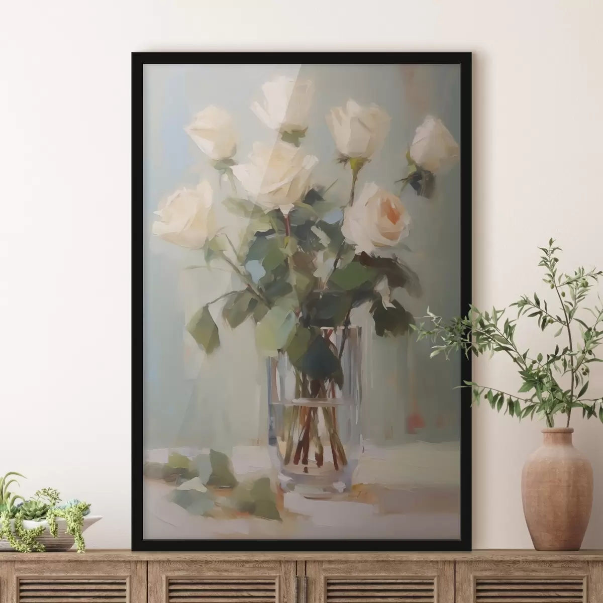 Plakatas Rožės stiklinėje vazoje - tapybos imitacija f43432