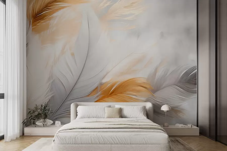 Fototapetai Pilkos ir geltonos plunksnos pilkame fone w08937