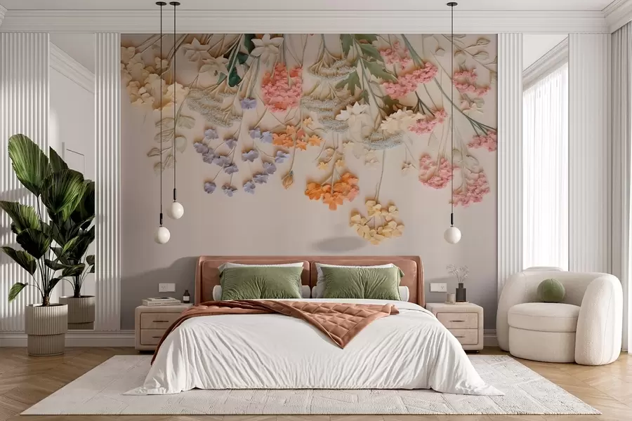 Fototapetai Smėlio spalvos fone kabančios gausios lauko gėlės w08940