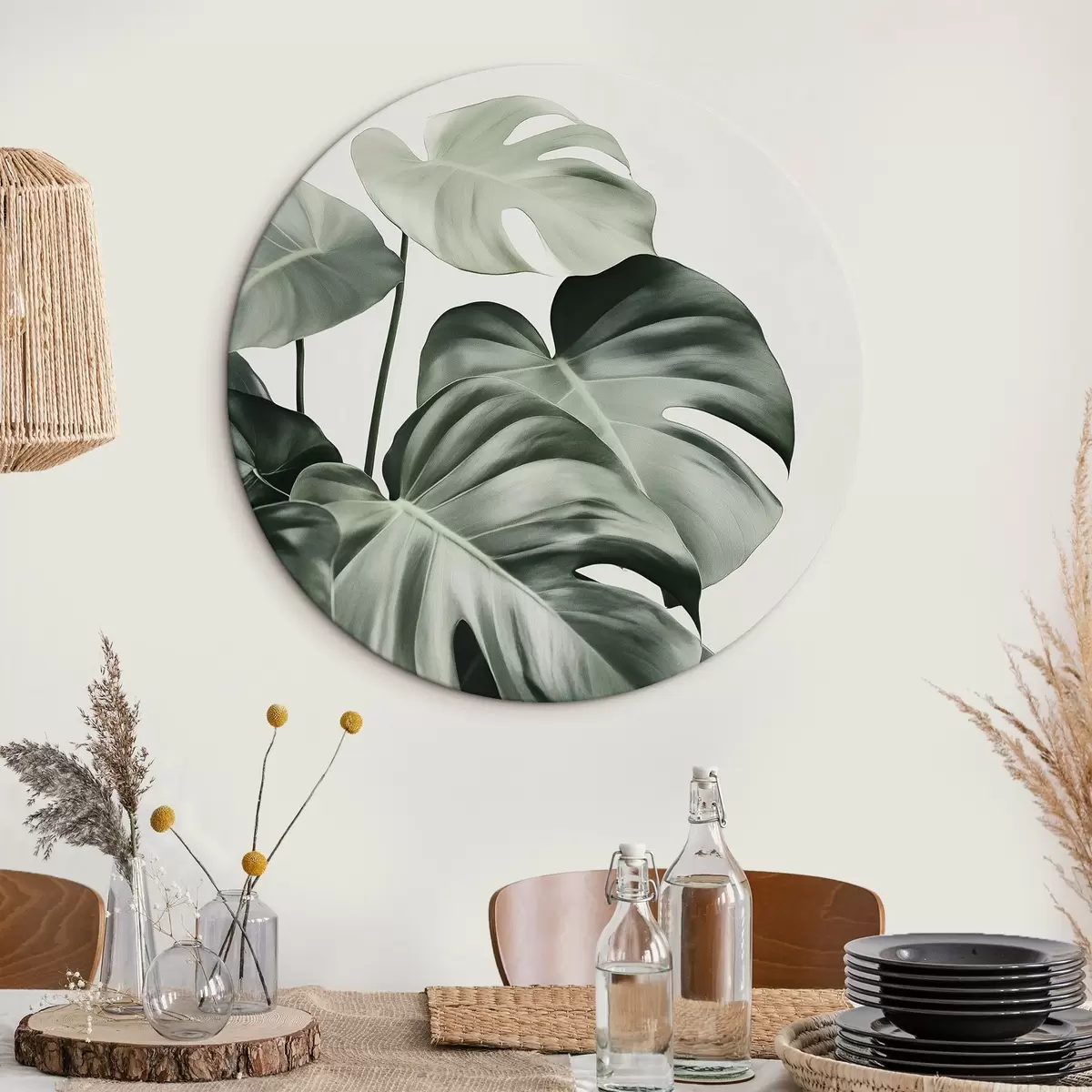 Apvalūs paveikslai Atogrąžų palmių lapai, gėlių, realizmas, monstera r43508