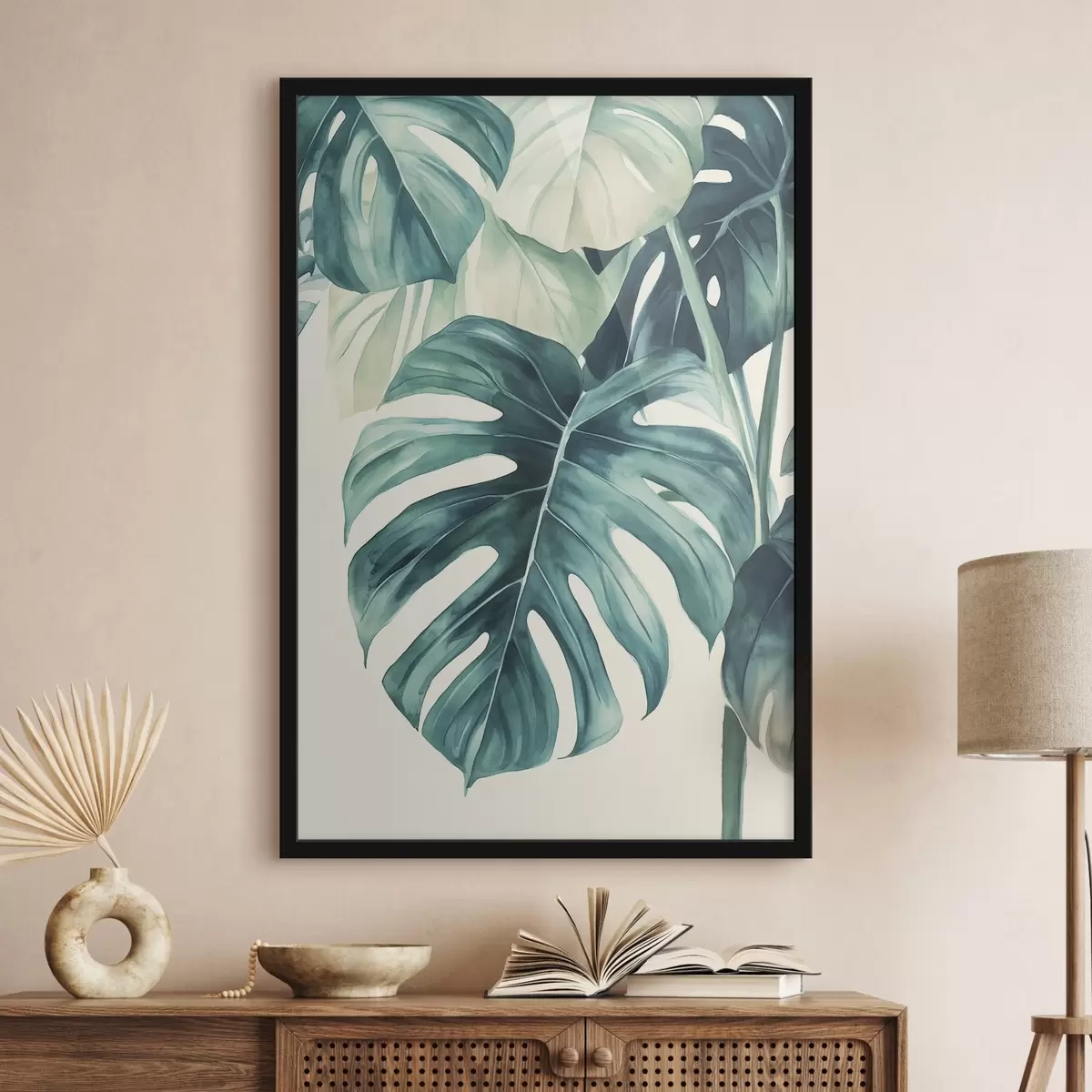 Plakatas Monstera palmių lapai, akvarelės stilius, gėlių, atogrąžų f43507
