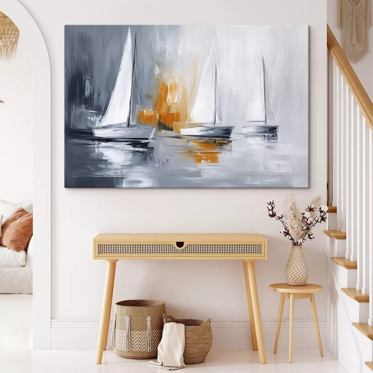 Paveikslėlis Burlaiviai, abstrakcija, akrilo stiliaus piešinys, pilka ir oranžinė spalvos s43499