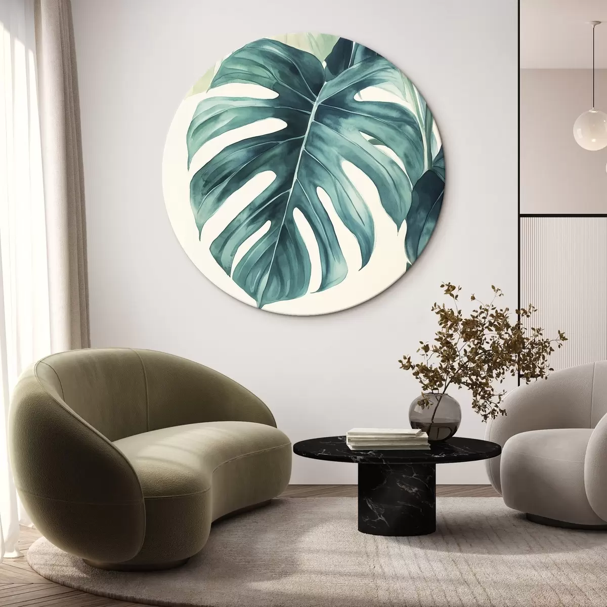 Apvalūs paveikslai Monstera palmių lapai, akvarelės stilius, gėlių, atogrąžų r43507