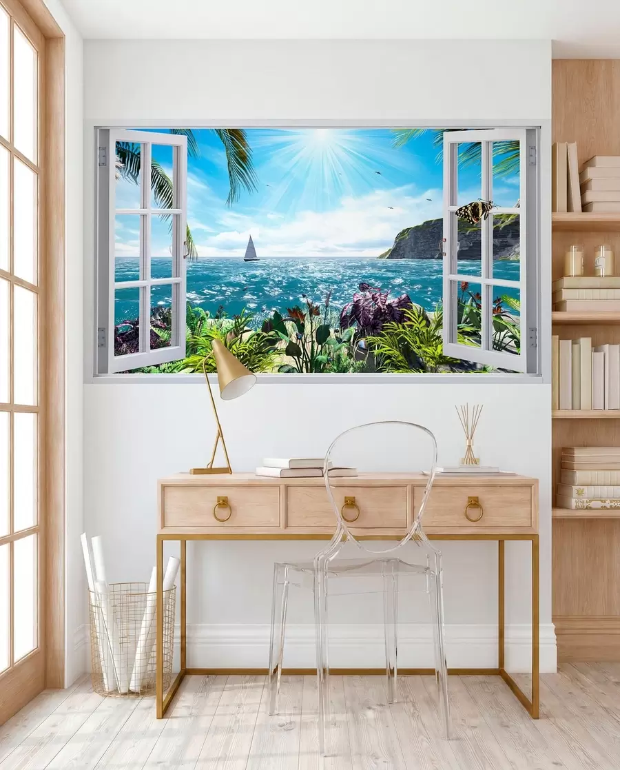 Fototapetai Vaizdas pro langą į jūrą ir jachtą u54608