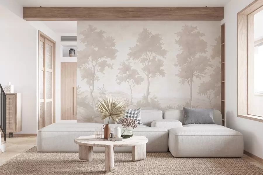 Fototapetai Medžiai ant kalvos, pastelinio stiliaus piešinys, smėlio spalvos, kaimiškas w03550