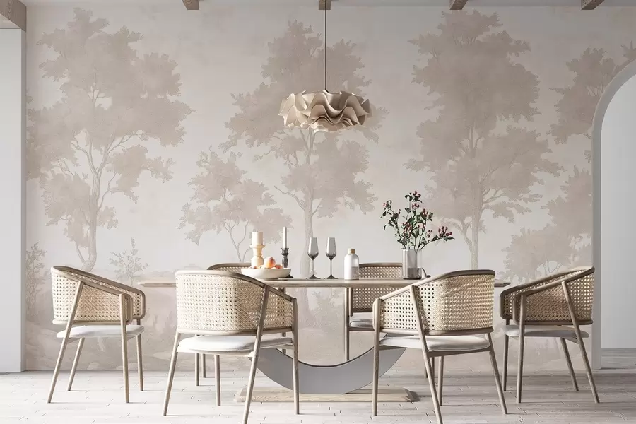 Fototapetai Medžiai ant kalvos, pastelinio stiliaus piešinys, smėlio spalvos, kaimiškas w03550