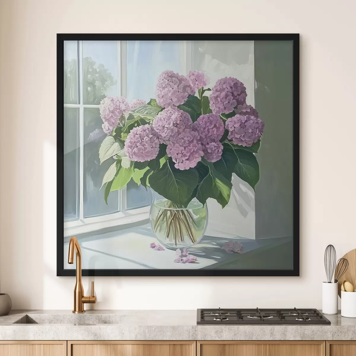 Plakatas Violetinių gėlių puokštė ant lango f43906