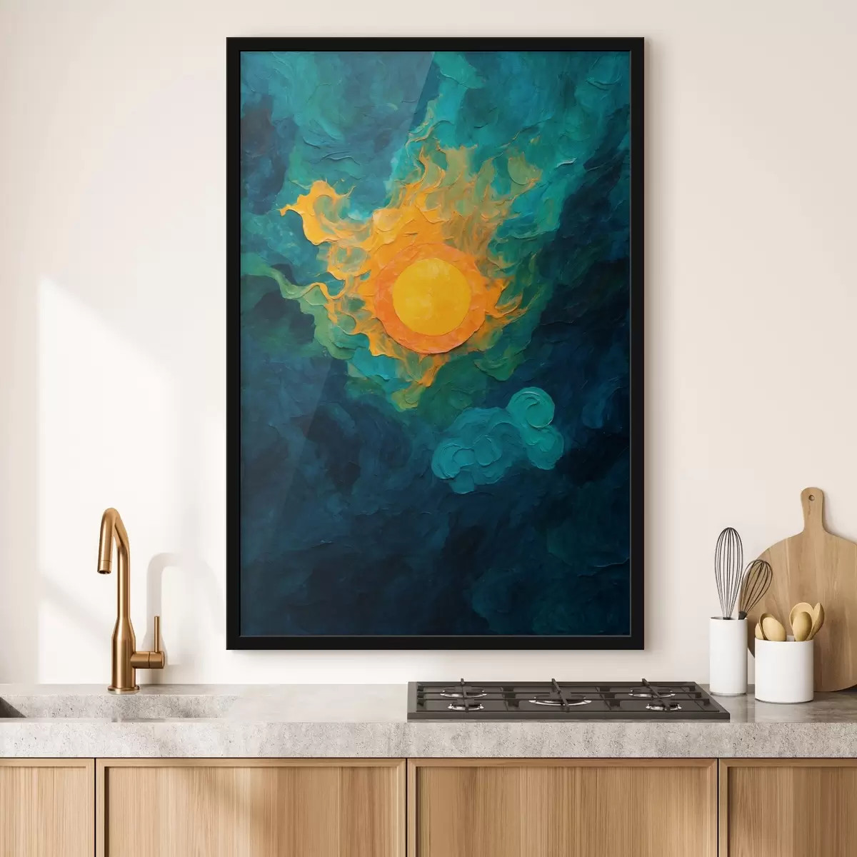 Plakatas Saulė tamsiame fone aliejinės tapybos stiliumi f43459