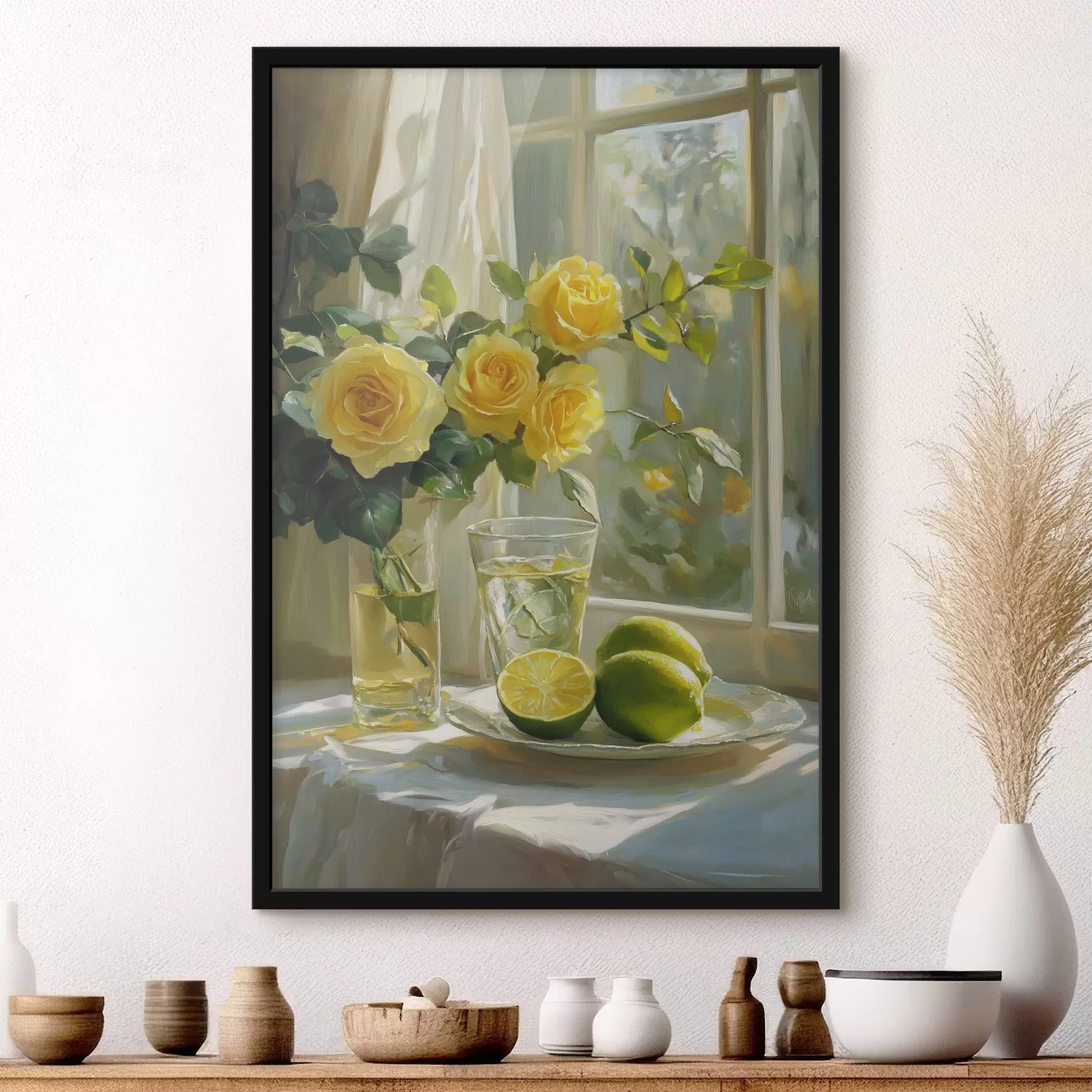 Fototapetai Gražios geltonos rožės vazoje prie lango, vanduo su kalkėmis f43886