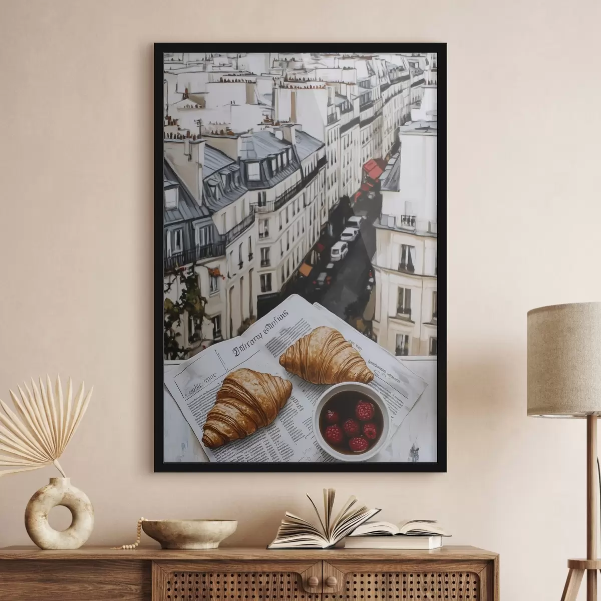 Plakatas Rytinė kava su kruasanais, miesto gatvė, architektūrinis, aliejinis stilius f43891