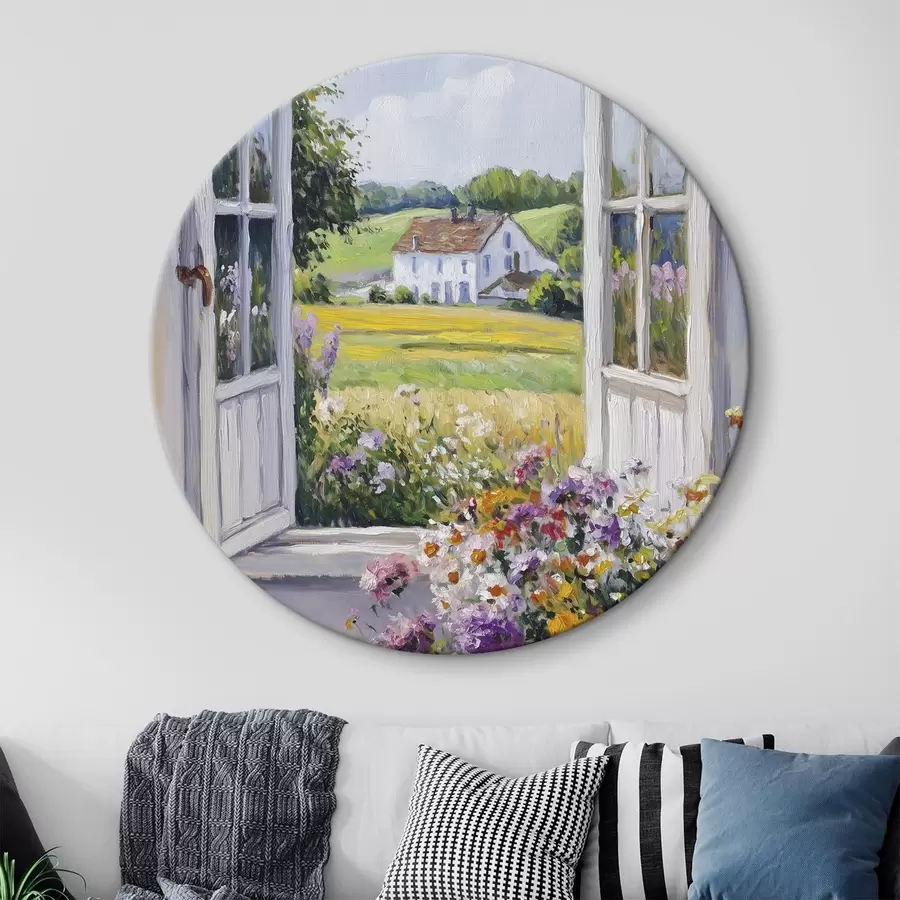 Fototapetai Kaimo peizažai mediniame lange, gėlės, laukai, aliejinis stilius, ūkinis pastatas r43888