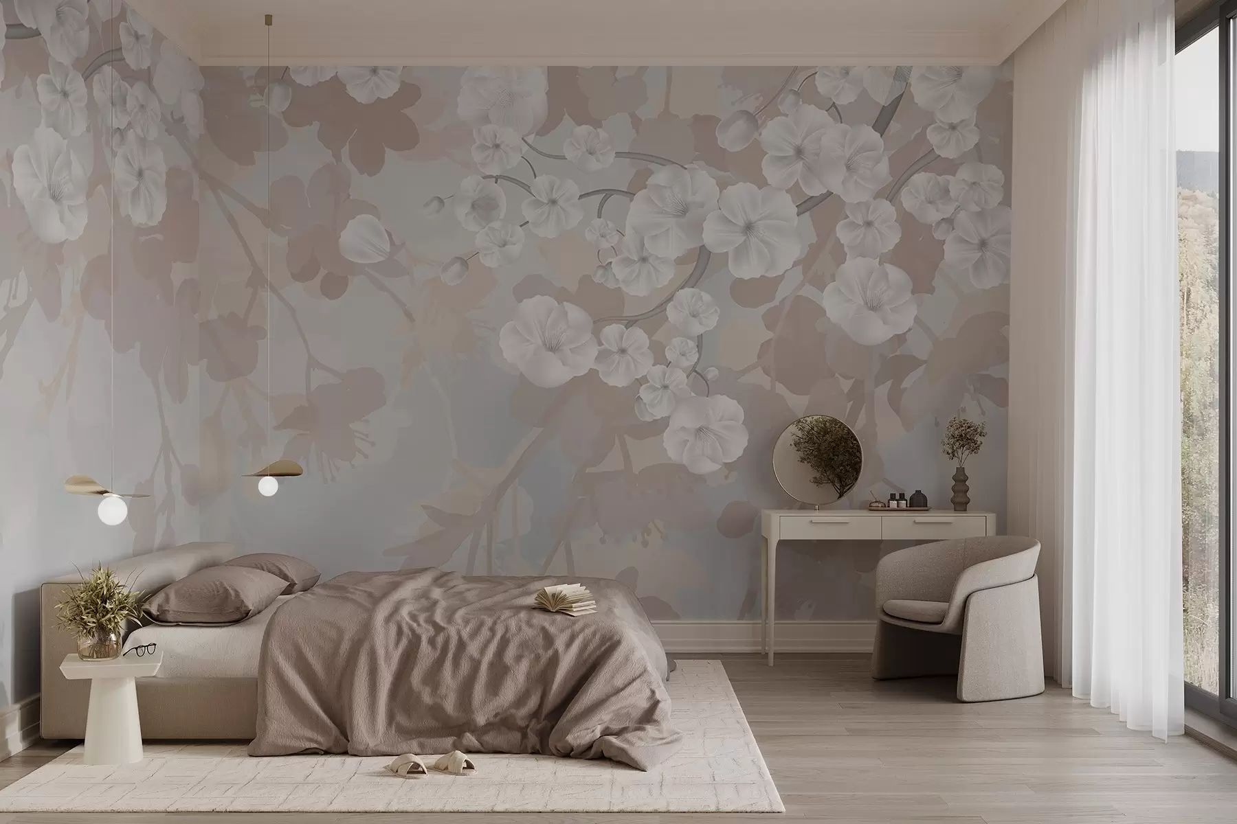 Fototapetai Vyšnių žiedų šakos su baltais žiedais ir pilkais lapais ant elegantiškų gėlių siluetų švelniomis pastelinėmis spalvomis w08973