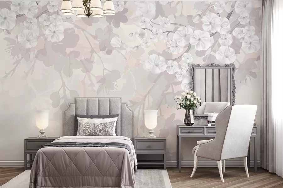 Fototapetai Vyšnių žiedų šakos su baltais žiedais ir pilkais lapais ant elegantiškų gėlių siluetų švelniomis pastelinėmis spalvomis w08973v1