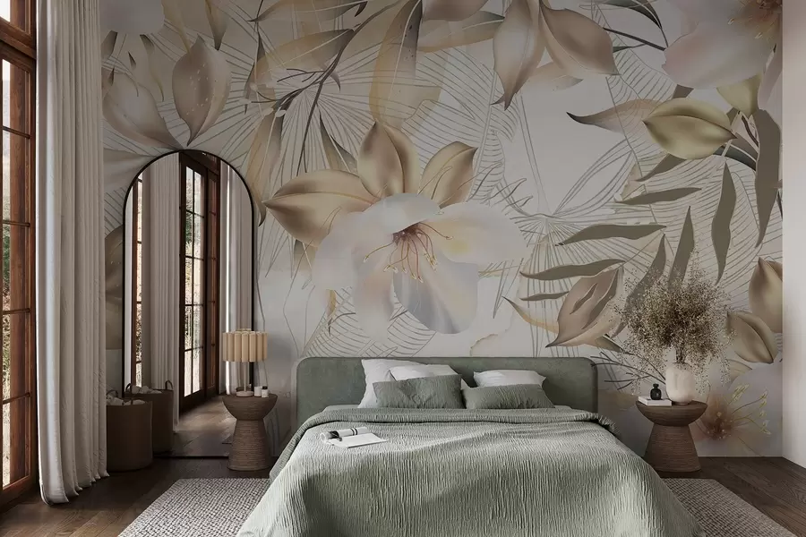 Fototapetai Jazminų gėlės ir lapai, švelnios spalvos, botaninė iliustracija, gėlių fonas , elegantiškas dizainas, subtilūs žiedlapiai w08977