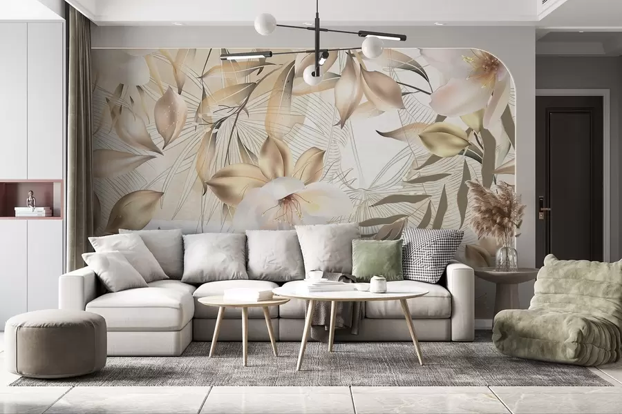 Fototapetai Jazminų gėlės ir lapai, švelnios spalvos, botaninė iliustracija, gėlių fonas , elegantiškas dizainas, subtilūs žiedlapiai w08977