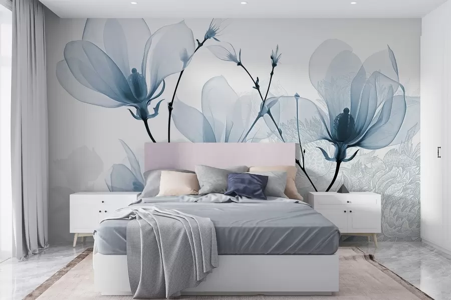 Fototapetai Permatomos mėlynos magnolijos žiedai su gėlių siluetais su švelniais žiedlapiais ir tamsiais stiebais w08978