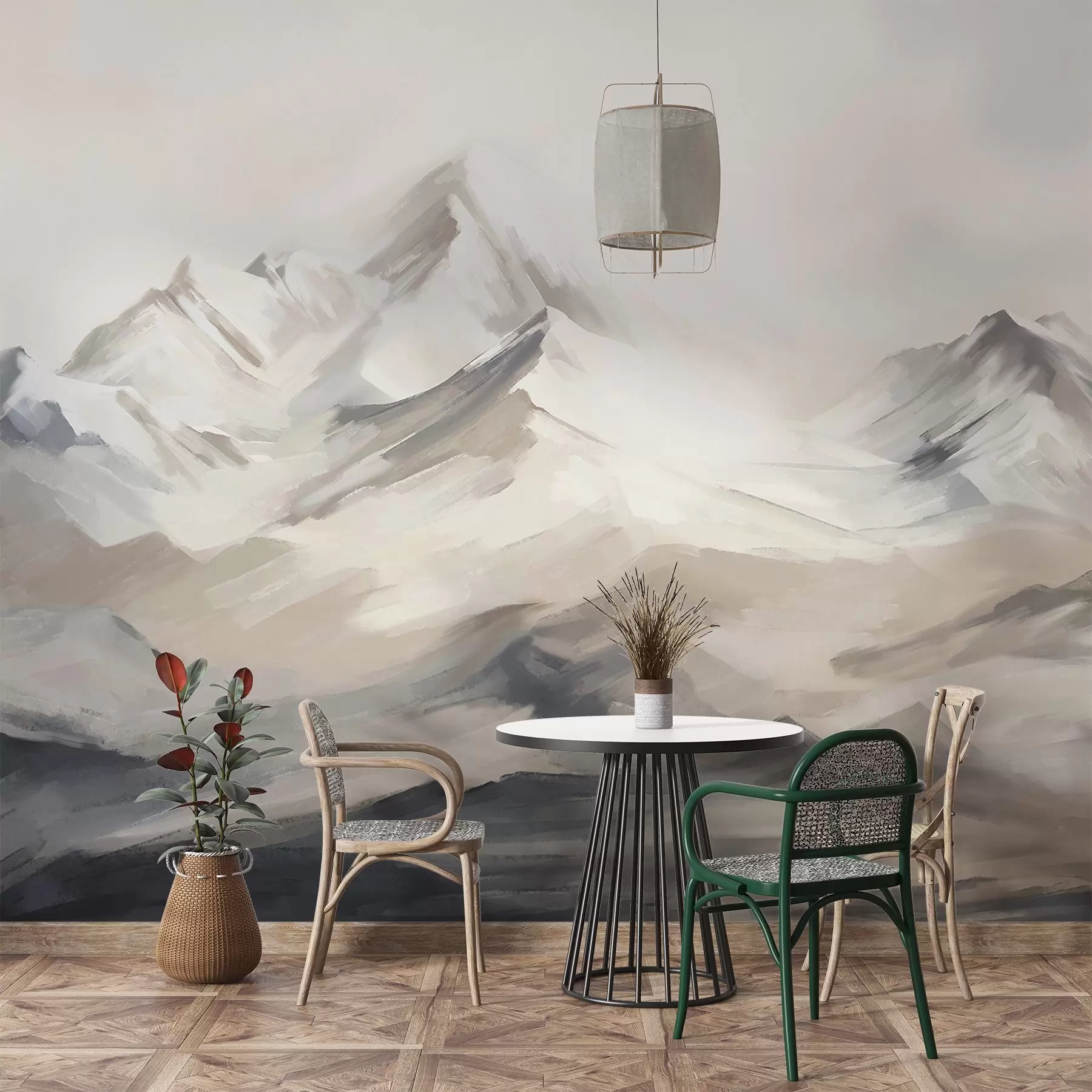 Fototapetai Kalnų kraštovaizdis su šviesiu dangumi, teptuko potėpiai, neutralios smėlio ir pilkos spalvos, kalnų masyvas  w08980