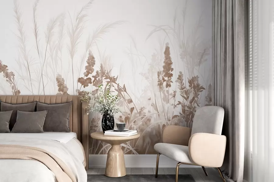 Fototapetai Rudos gėlės ir smėlio spalvos nendrės lauke, minimalistinė tapybos tekstūra, lengvas fonas, švelnios spalvos, subtilūs potėpiai teptuku  w08982v1