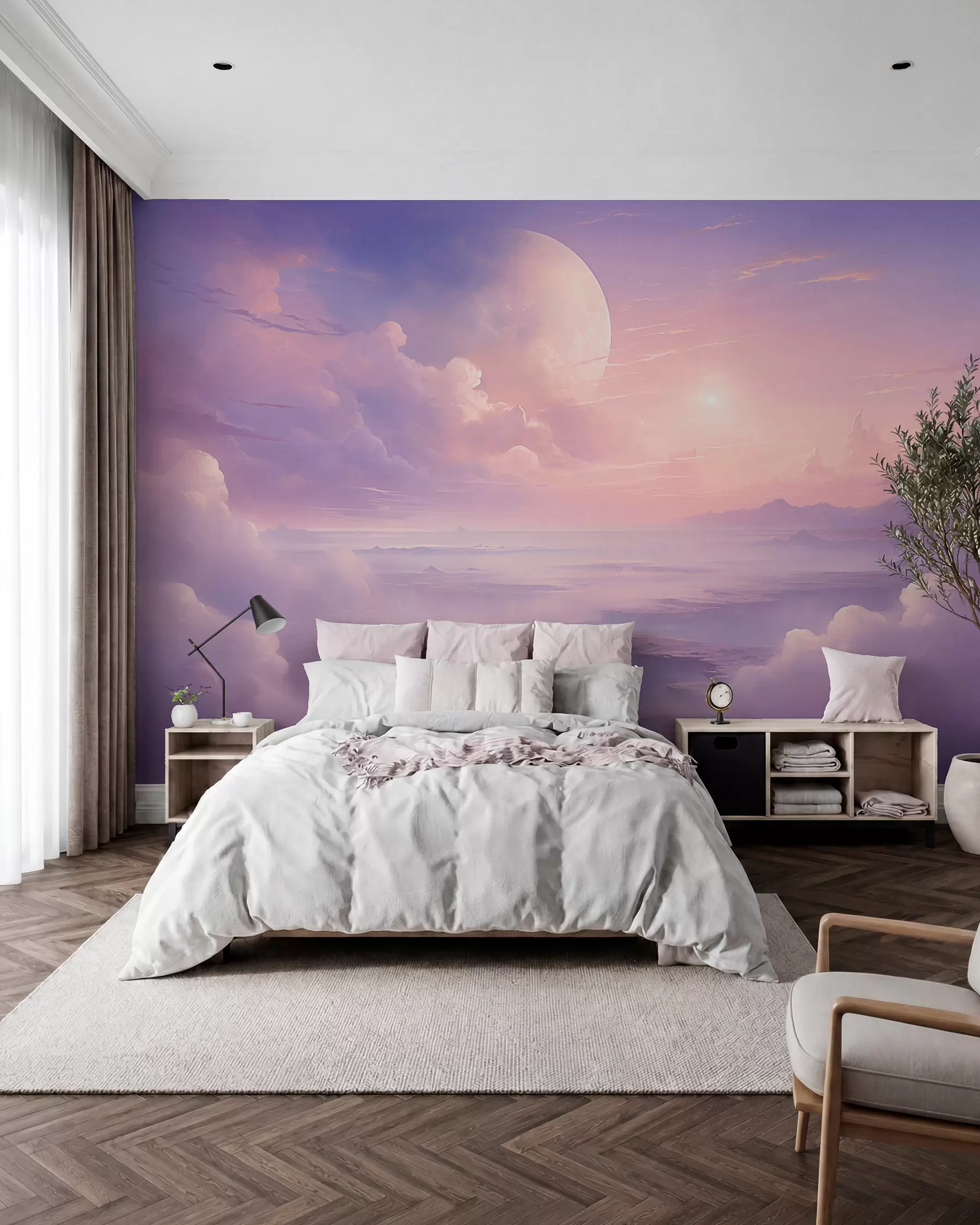 Fototapetai Magiškas violetinės ir rausvos spalvos dangus su mėnuliu ir debesimis w08986