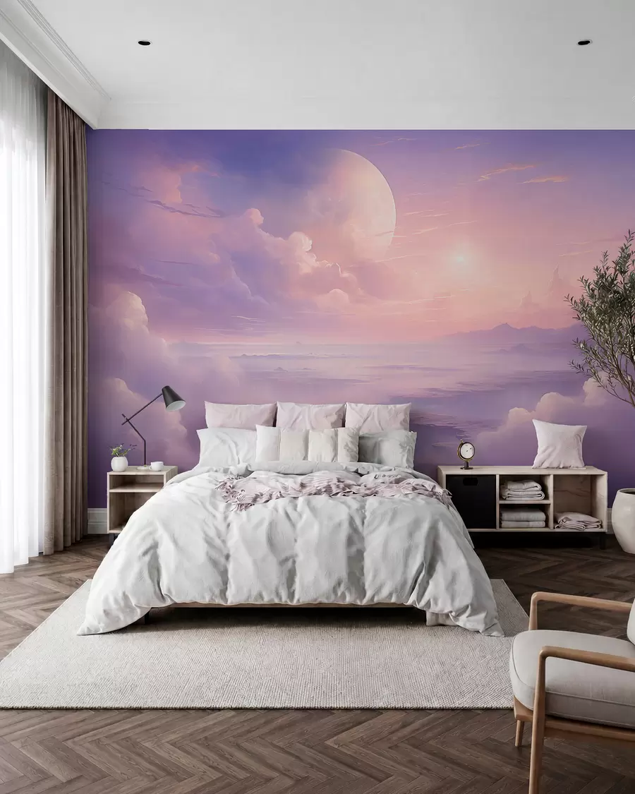 Fototapetai Magiškas violetinės ir rausvos spalvos dangus su mėnuliu ir debesimis w08986
