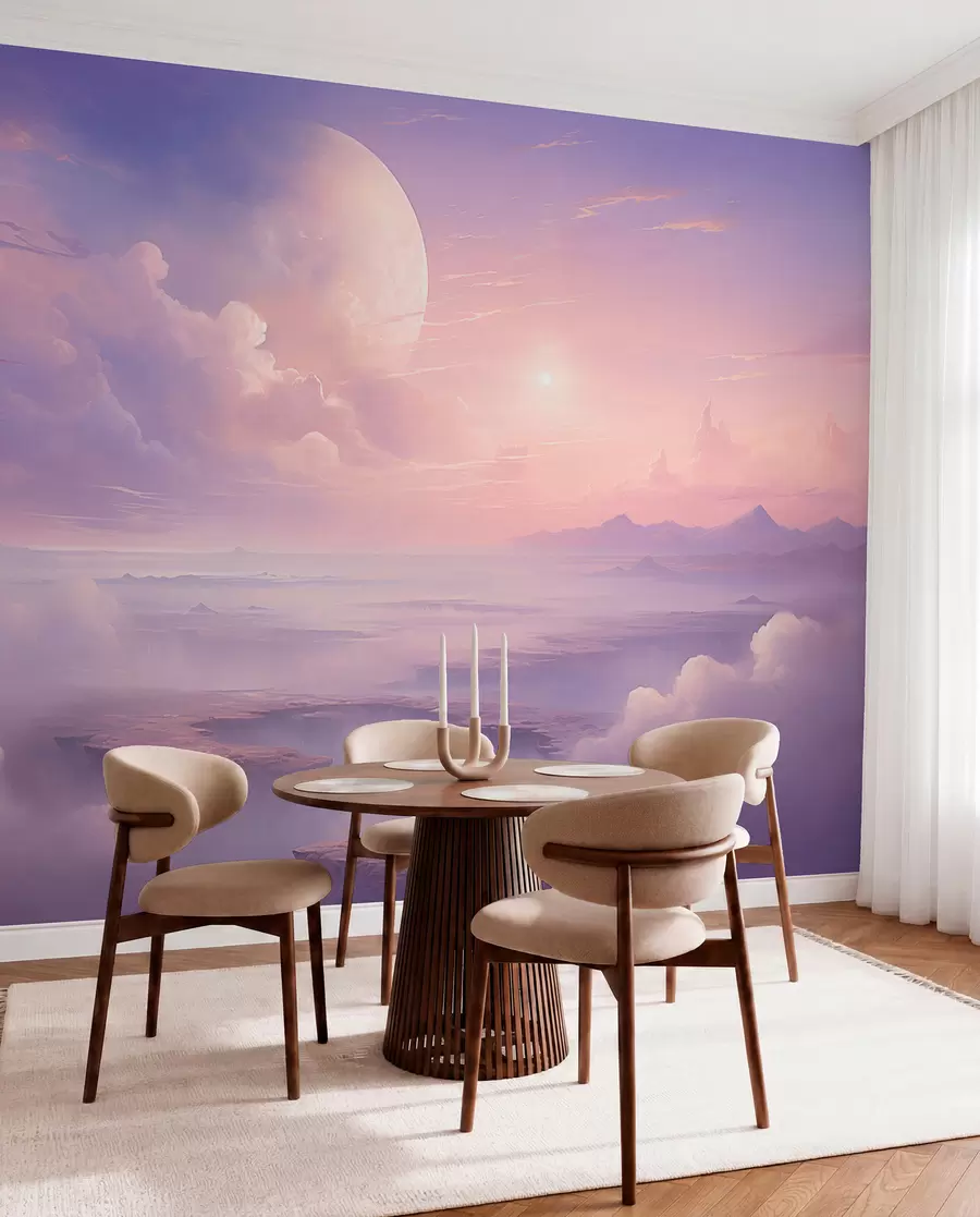 Fototapetai Magiškas violetinės ir rausvos spalvos dangus su mėnuliu ir debesimis w08986