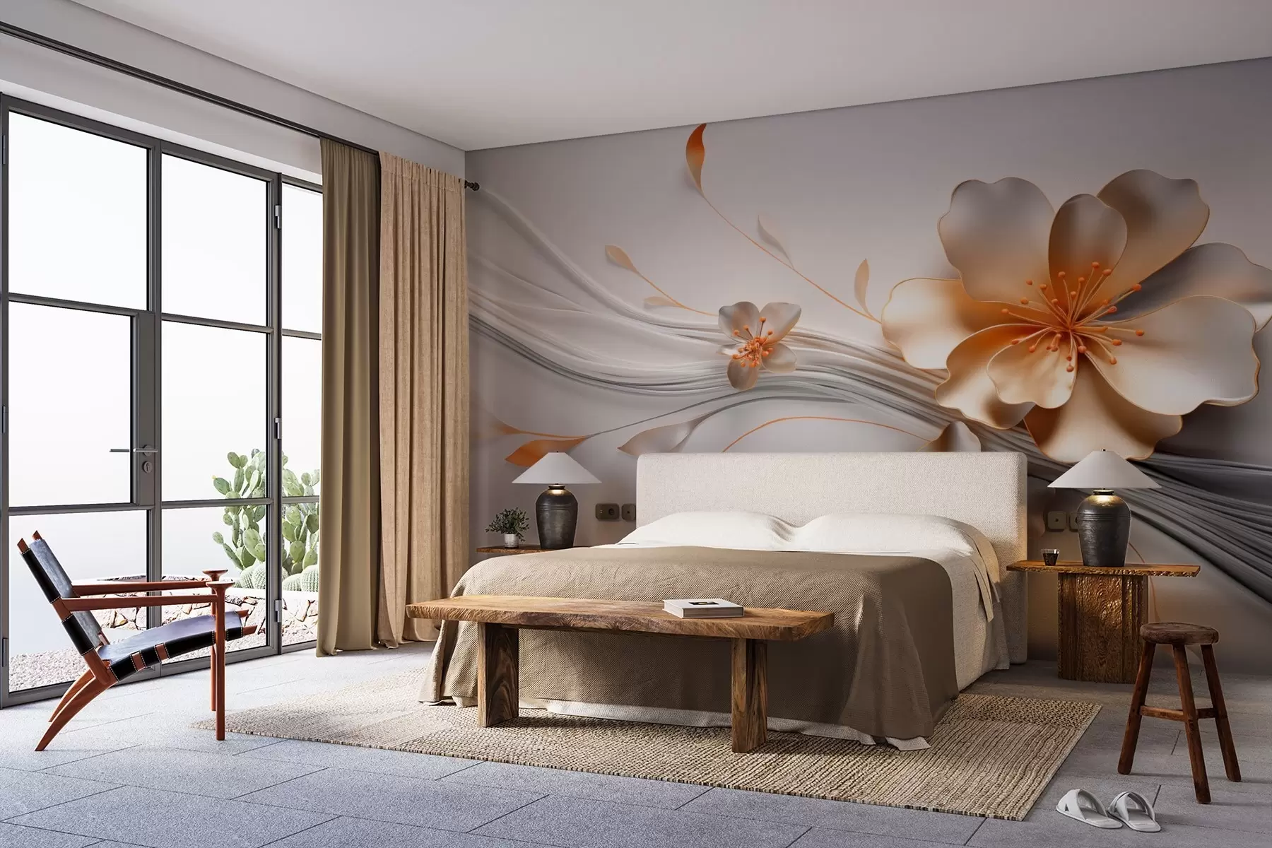 Fototapetai Oranžinė gėlė pilkame abstrakčiame fone w09004