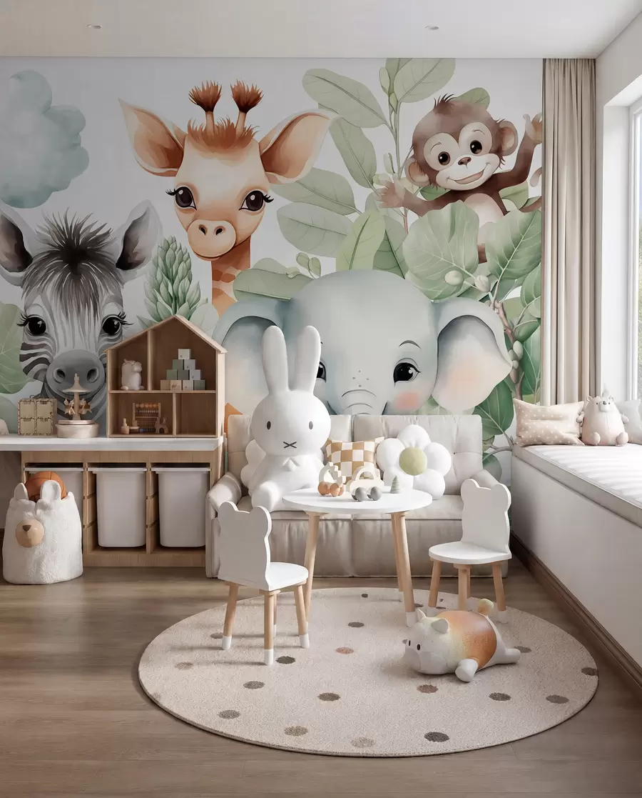 Fototapetai Žirafa, zebras, dramblys ir beždžionė tarp lapų w03677