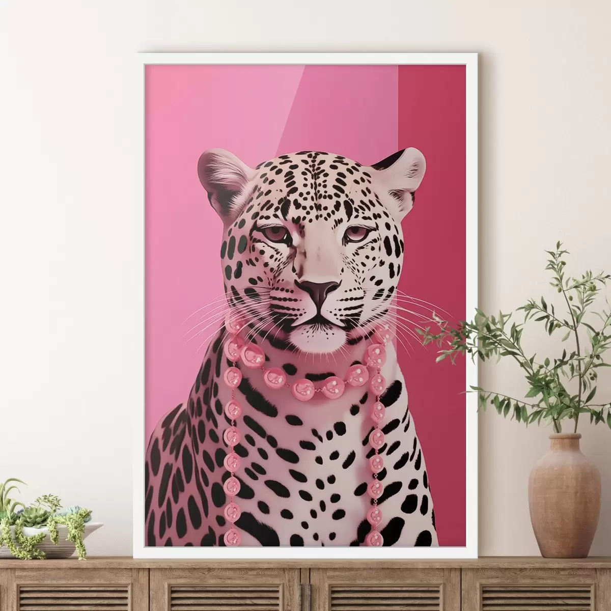 Plakatas Leopardo portretas su rožiniu vėriniu f43976