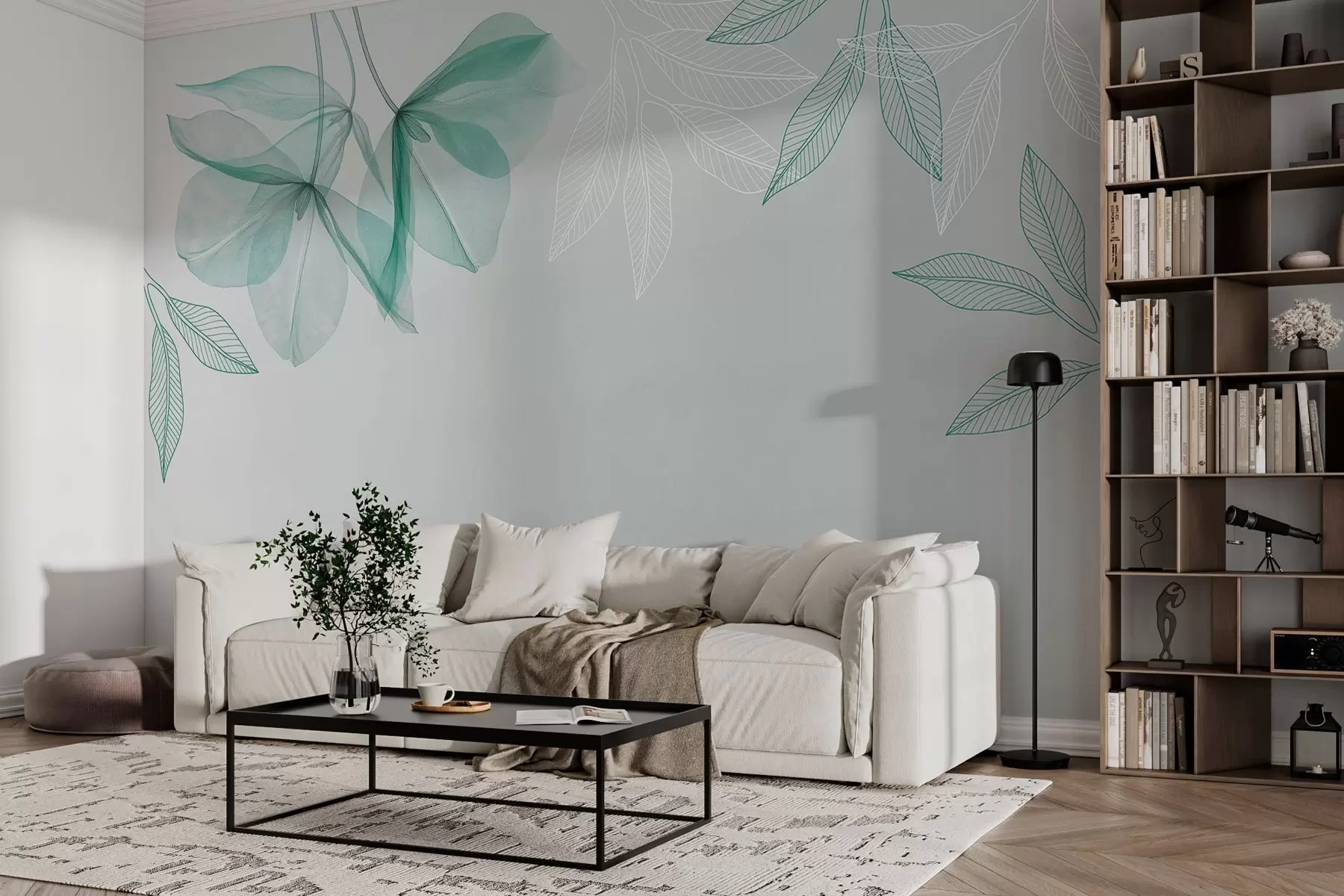 Fototapetai subtilūs permatomi žalių atspalvių žiedai ir lapai w03616v1