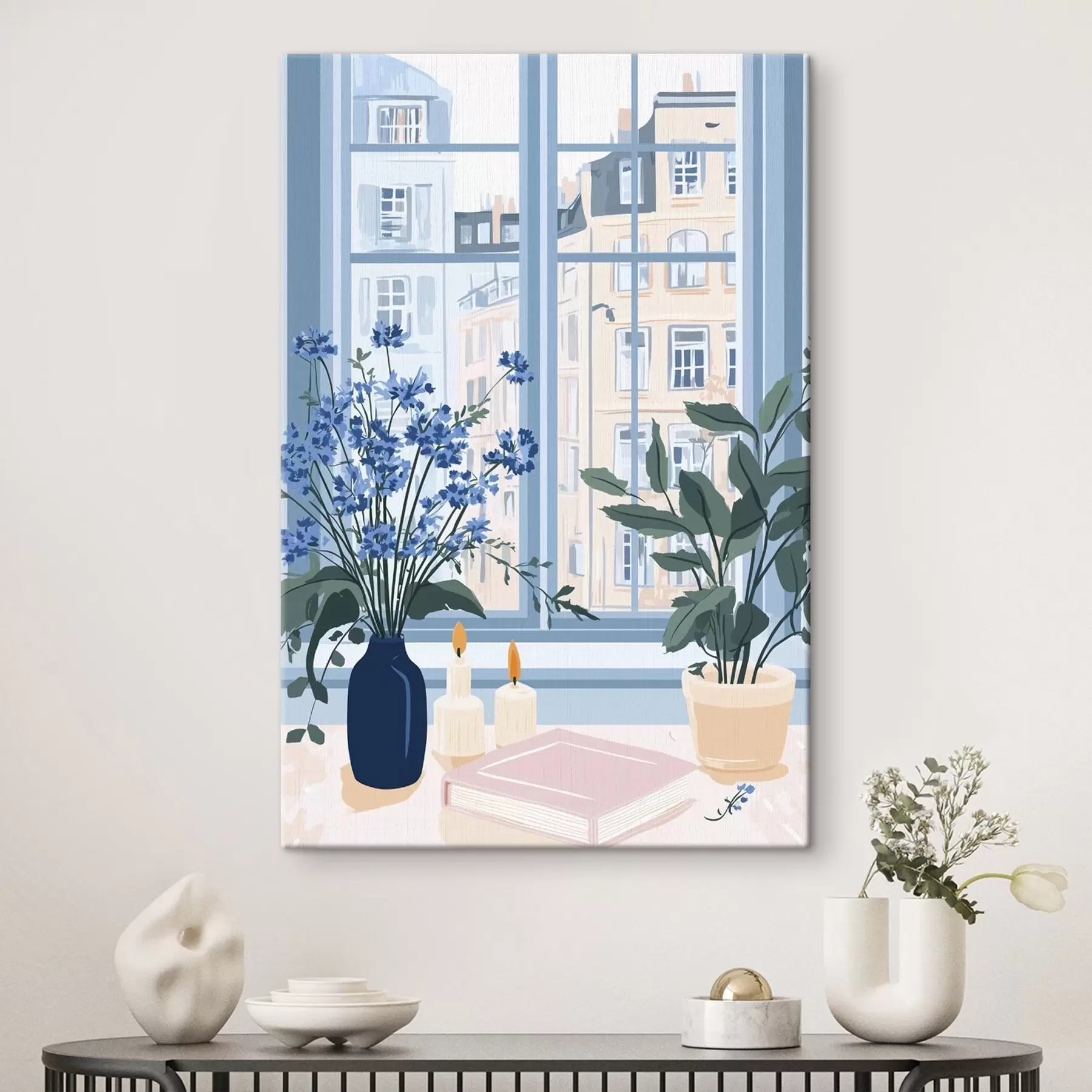 Fototapetai Jaukūs namai su gėlėmis ir vaizdu pro langą, architektūra, mėlynos spalvos s44010