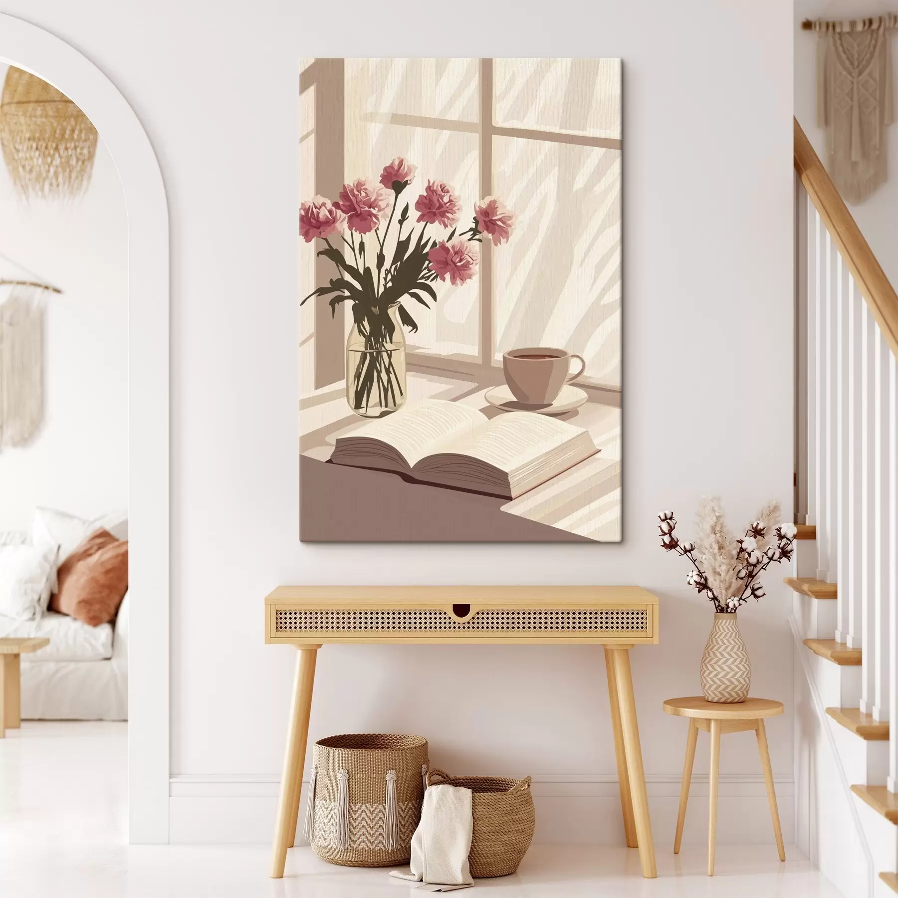 Paveikslėlis Ryto estetika, kavos puodelis, knyga, gvazdikų žiedai s44012