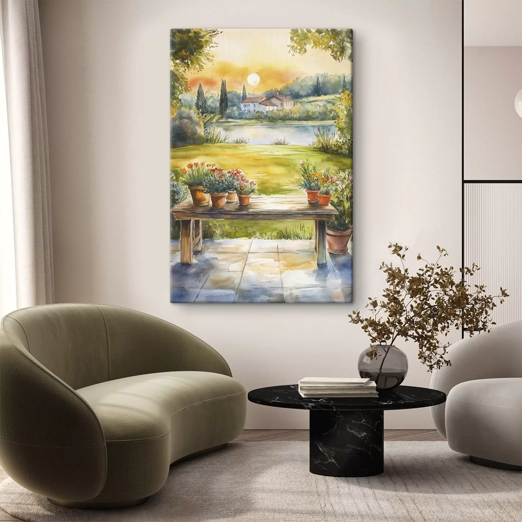 Paveikslėlis Kaimas ant saulėlydžio, kaimiškas, vasaros gėlės, ežeras, akvarelės stilius s44016
