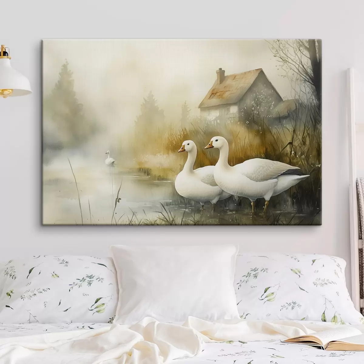Paveikslėlis Žąsys ežere netoli sodybos, kaimiškas, akvarelės stilius s44022