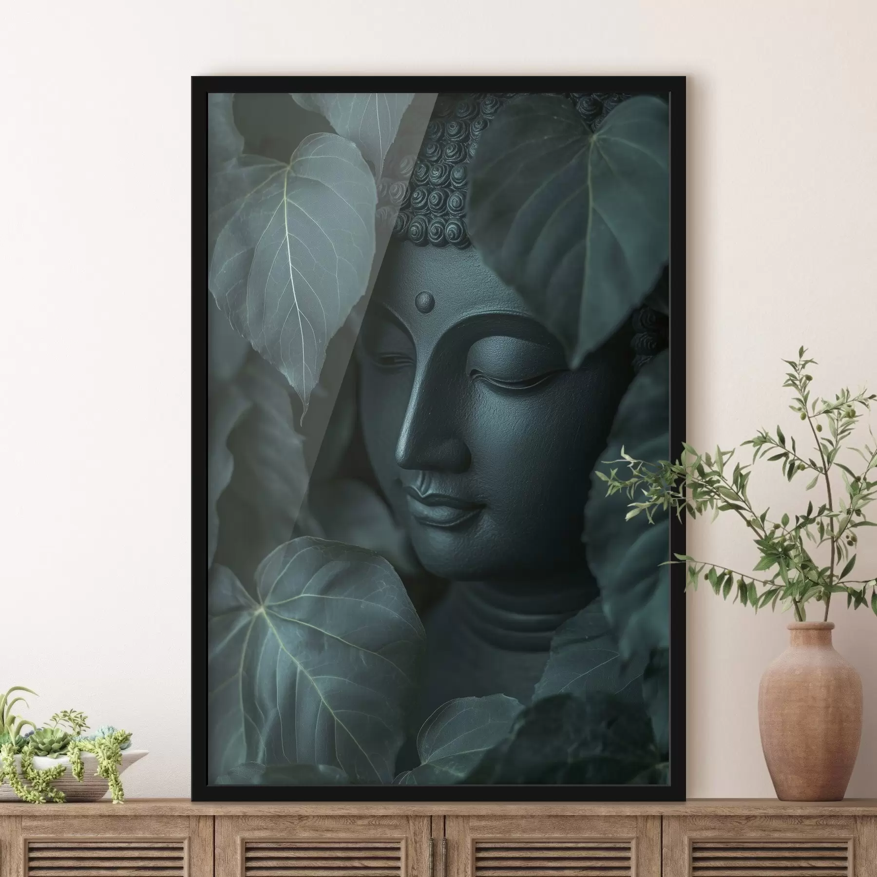 Fototapetai Buda žaliuose lapuose, budizmas, atogrąžų, realizmas f44004