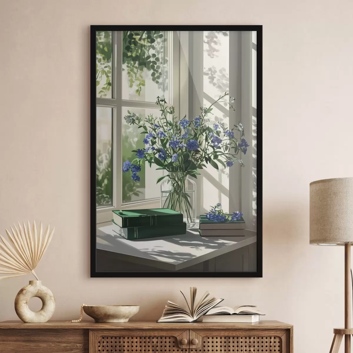 Plakatas Knygos ir violetinės gėlės vazoje ant palangės, žaluma f44008