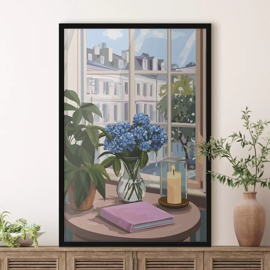 Fototapetai Hortenzijos vazoje, vaizdas pro langą, žvakė, jaukūs namai f44009