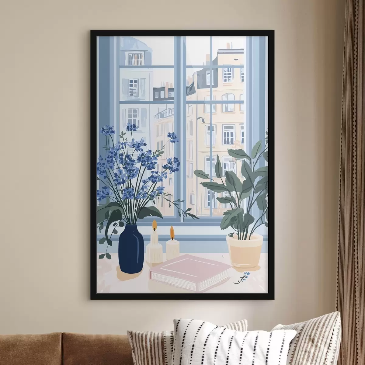 Plakatas Jaukūs namai su gėlėmis ir vaizdu pro langą, architektūra, mėlynos spalvos f44010