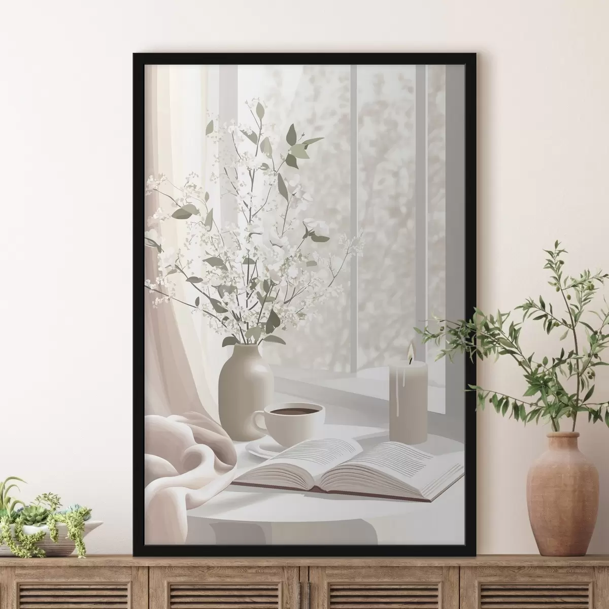 Plakatas Pavasario rytas su kava ir gėlėmis, švelnios pastelinės spalvos f44015