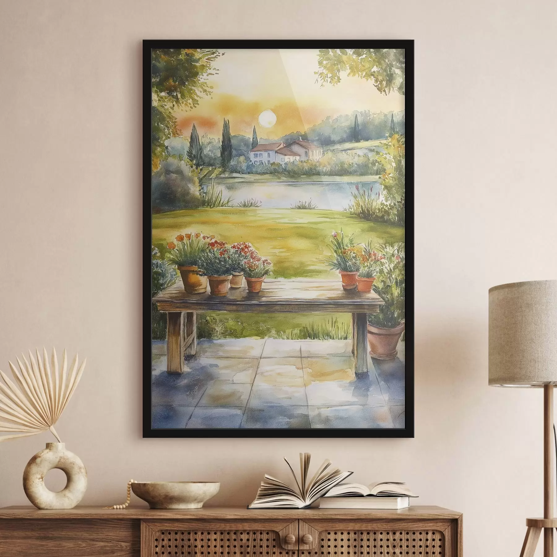 Fototapetai Kaimas ant saulėlydžio, kaimiškas, vasaros gėlės, ežeras, akvarelės stilius f44016